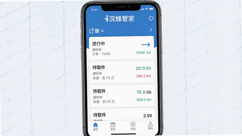 主体为浣蜂管家手机应用界面,布局清晰,顶部显示“浣蜂管家”Logo,中间展示订单列表与实时状态,底部为导航栏,风格简约商务蓝白色调,细节包含清晰的文字标签如“进行中”、“待取件”,画质高清,干净,无多余元素