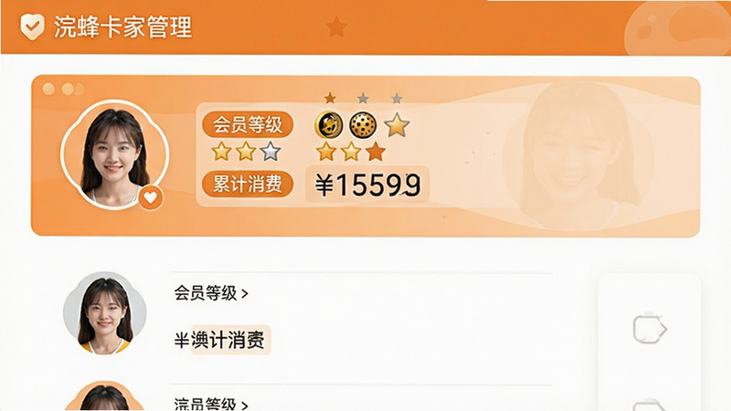 浣蜂管家会员管理界面,主体为客户卡片列表,布局左右结构,左侧头像右侧信息,排版整洁,风格温馨橙色系,细节包含“会员等级”、“累计消费”标签,文字可读性强,画质清晰,干净,无多余元素