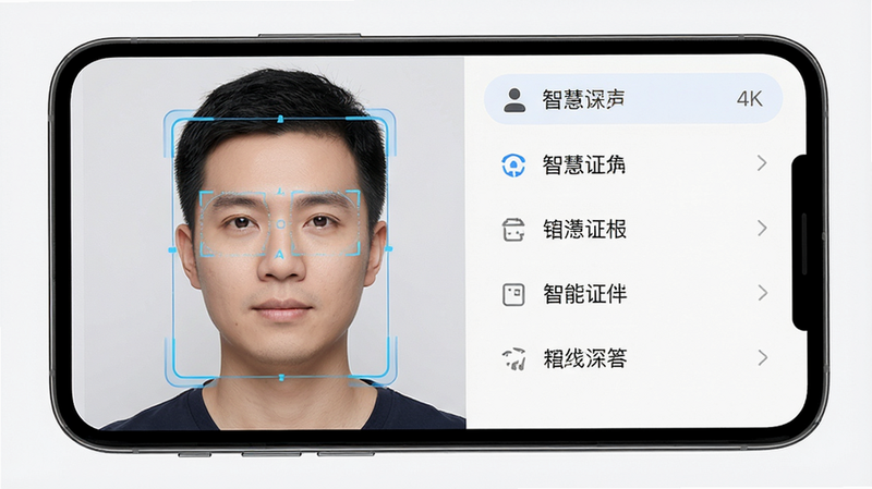 一张展示智能手机界面的高清渲染图,主体为智慧证件照应用界面,布局清晰,左侧为人像预览区,右侧为功能选项栏,风格简约现代,细节展现AI人脸框选效果,画质4k,干净,无多余元素