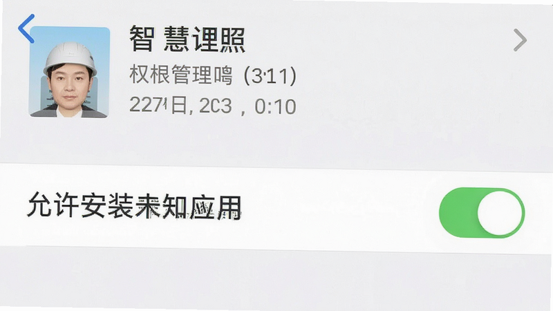 手机设置界面截图展示,主体为智慧证件照的权限管理页面,布局列表式,排版紧凑,风格系统原生,细节高亮显示“允许安装未知应用”开关状态,画质清晰,干净,无多余元素