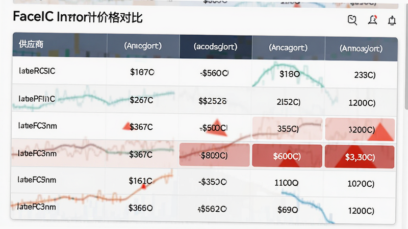 主体为faceIC库存价格对比页面,布局为表格形式展示不同供应商的库存数量与价格,排版整齐有序,风格数据可视化,细节包含红色高亮的低库存警示,画质高清,无杂乱干扰