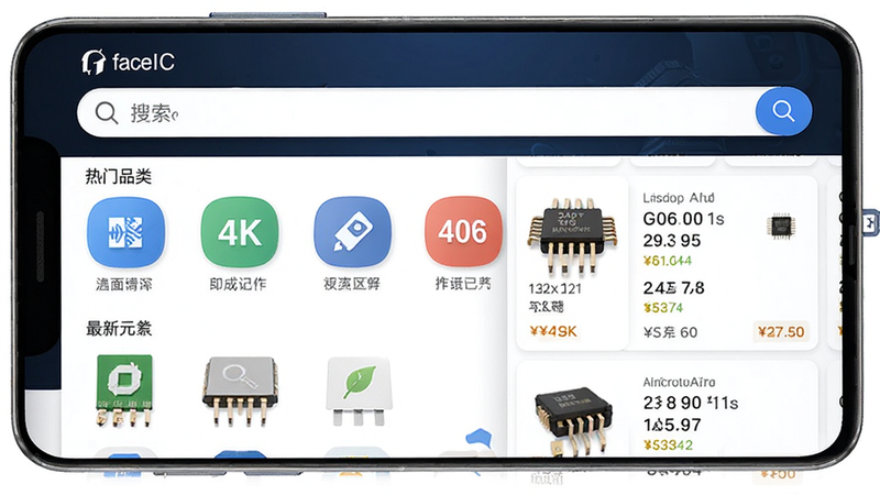 主体为faceIC安卓版软件界面预览图,布局清晰展示首页搜索栏、热门品类图标及最新元器件列表,排版简洁现代,风格科技商务,细节包含清晰的型号文字与价格标签,画质4k高清,干净无多余元素