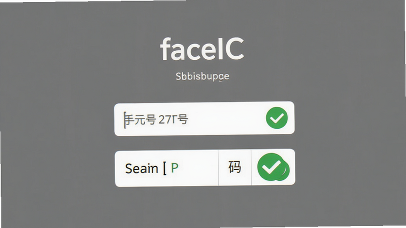 主体为faceIC注册登录界面,布局包含手机号输入框与验证码按钮,排版居中对称,风格简洁友好,细节显示绿色对勾图标,画质清晰,干净背景