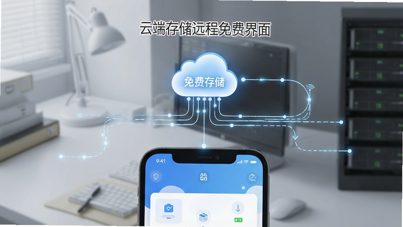 展示云端存储概念的手机监控远程免费界面设计,主体为手机屏幕与云端图标连接,布局上下结构,排版清晰,风格简约白色背景,细节体现数据流动的线条,画质超清,干净,文字