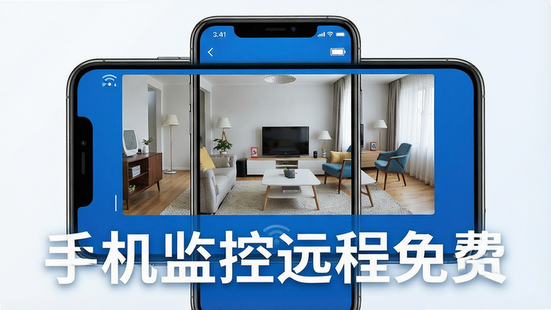 一张展示手机监控远程免费应用核心界面的概念图,主体为一部智能手机,屏幕显示清晰的实时监控画面,布局简洁,排版居中,风格现代科技蓝,细节包含信号图标与电池状态,画质4k高清,干净无多余元素,文字