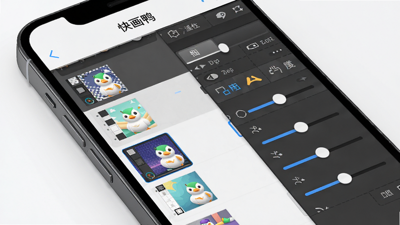 主体为手机屏幕,显示“快画鸭”APP的图层面板,多个图层缩略图垂直排列,右侧为属性调节滑块,布局专业,排版清晰,风格现代简约,细节精细,画质高清,干净,无多余元素