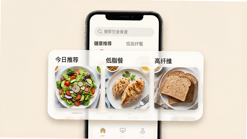 主体为手机屏幕展示界面,背景为柔和的米白色调,屏幕中央显示“健康饮食食谱”App的主界面,顶部有搜索栏,下方分为“今日推荐”、“低脂餐”、“高纤维”三个主要分类卡片,每个卡片配有清晰的美食图片,如沙拉、鸡胸肉、全麦面包,布局整齐,排版清晰,风格简约现代,细节处可见阴影效果增加立体感,画质高清,干净无多余元素