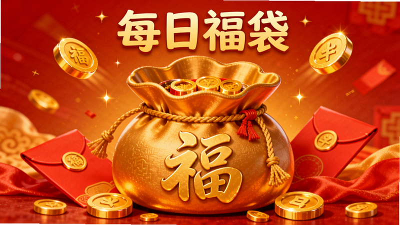 主体为一个打开的金色福袋,布局为福袋位于画面中央,周围散落着金币和红包,背景为喜庆的红色渐变,风格为喜庆插画风,细节处有丝绸质感和金色光斑,画质细腻,干净无杂物,上方有“每日福袋”文字