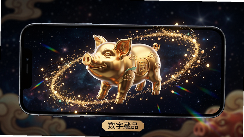 主体为一部手机展示精美的3D数字藏品,布局为中心悬浮的金色生肖猪雕塑,周围环绕着粒子特效,背景为深邃星空,风格为数字艺术与国潮结合,细节处有光影折射效果,画质超清,干净无水印,底部有“数字藏品”标签