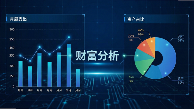 主体为数据可视化仪表盘,布局左侧为柱状图显示月度支出,右侧为饼图显示资产占比,背景为深蓝色科技感网格,风格现代商务,细节处有发光线条连接数据点,画质清晰,干净无杂乱背景,中央有“财富分析”字样
