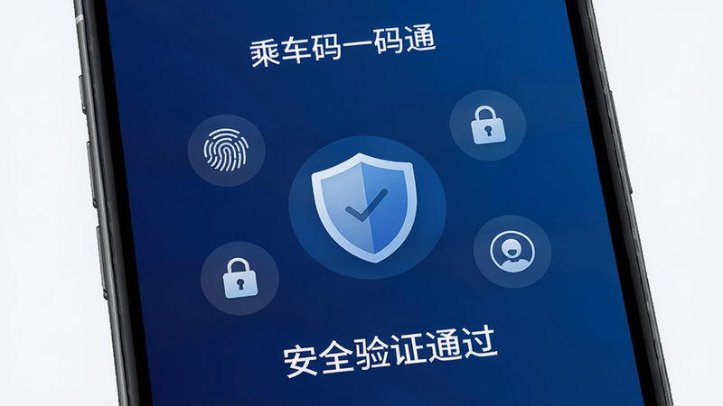 手机屏幕显示“乘车码一码通”的安全中心界面,有一个盾牌图标位于中央,周围环绕着指纹和人脸锁的图标,背景为深蓝色渐变,象征安全与科技,文字“安全验证通过”清晰可见,风格专业严谨,高保真,无其他干扰元素