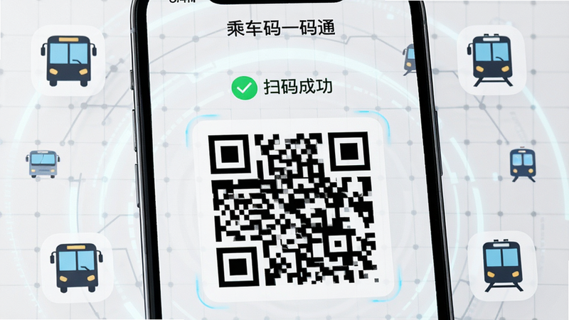 主体为智能手机屏幕特写,屏幕中央显示“乘车码一码通”APP界面,界面中心是一个巨大的动态二维码,二维码上方显示绿色对勾图标和“扫码成功”字样,背景为浅灰色科技网格,四周悬浮着公交车和地铁的扁平化图标,整体风格为极简科技风,高清晰度,无多余元素,文字清晰可见