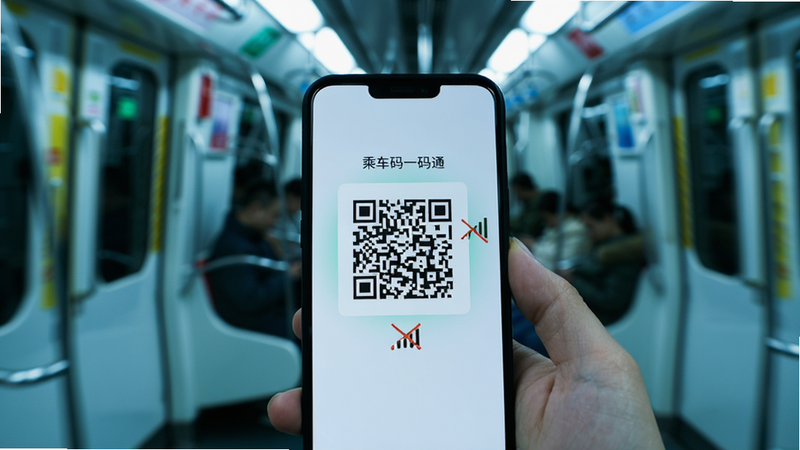 展示手机在地铁隧道内场景,手机屏幕亮起显示“乘车码一码通”的二维码,旁边有一个信号弱的图标被划掉,表示无需网络也能使用,背景是模糊的地铁车厢内部,冷色调灯光,突出屏幕亮度,风格写实,细节丰富,无水印