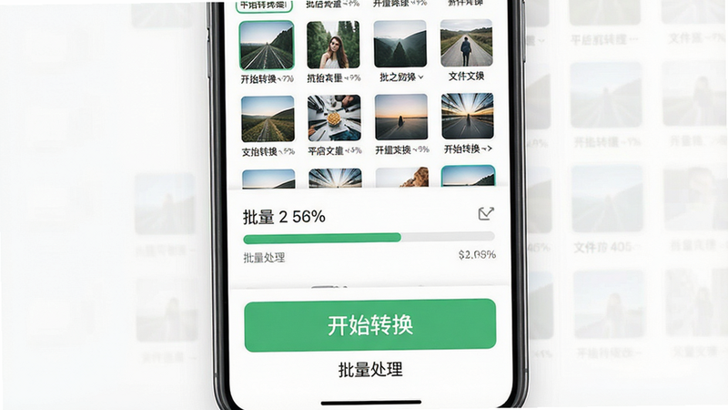 主体为手机屏幕,显示批量处理进度条,上方列表显示多张待转换的照片缩略图,下方有大大的“开始转换”按钮,文字标注“批量处理”。背景为白色,简洁明亮。布局垂直排列,排版有序。风格为扁平化设计,细节包括进度百分比和文件名。画质高清,干净,无多余元素。