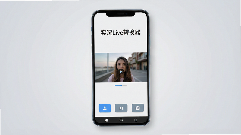 主体为一部现代安卓智能手机,屏幕居中显示“实况Live转换器”应用界面,背景为柔和的浅灰色渐变。布局采用极简主义风格,顶部有应用名称文字,中间展示一张正在转换为视频的动态照片预览,底部有三个功能按钮。排版整齐,字体清晰。风格为科技感扁平化设计,细节处有细微的光影效果。画质高清,干净,无多余元素。
