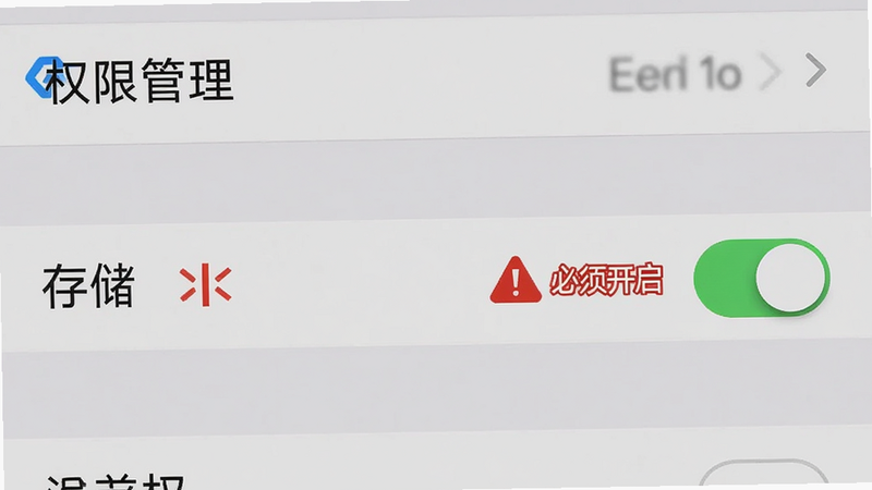 主体为手机设置界面截图,显示“权限管理”选项,高亮显示“存储”权限开关为开启状态,旁边有红色警示图标,文字标注“必须开启”。背景为浅灰色。布局为列表形式,排版清晰。风格为系统原生UI,细节包括开关滑块和权限名称。画质高清,干净,无多余元素。