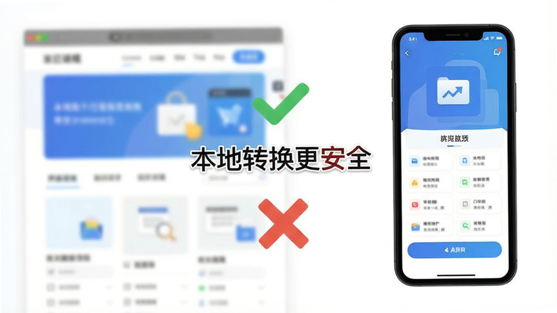 主体为对比图,左侧为模糊的网页界面,右侧为清晰的APP界面,中间用对勾和叉号区分,文字标注“本地转换更安全”。背景为白色。布局左右对比,排版简洁。风格为扁平化信息图,细节包括图标和文字说明。画质高清,干净,无多余元素。