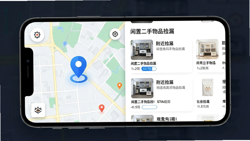 手机地图与商品结合示意图,主体为手机屏幕,布局为半屏地图半屏商品列表,排版上地图显示定位点,列表显示“闲置二手物品捡漏”推荐卡片,风格科技感,细节包含蓝色定位图标、距离标识、商品图片,画质高清,干净,无多余元素,文字“附近捡漏”清晰可见