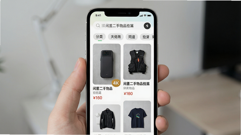 手机应用界面展示图,主体为“闲置二手物品捡漏”APP首页,布局采用瀑布流卡片式设计,排版整洁,风格为现代简约扁平化,细节包含顶部搜索栏、分类标签、高清商品缩略图及价格标签,画质4k高清,干净,无多余元素,文字“闲置二手物品捡漏”清晰可见