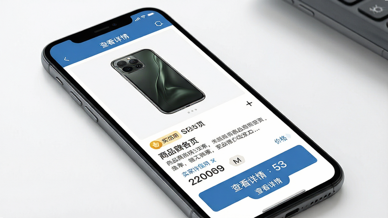 手机应用商品详情页示意图,主体为手机屏幕,布局为大图+文字描述+价格栏,排版突出,风格商业摄影感,细节包含商品高清实拍图、卖家信用标识、价格数字,画质高清,干净,无多余元素,文字“查看详情”清晰可见