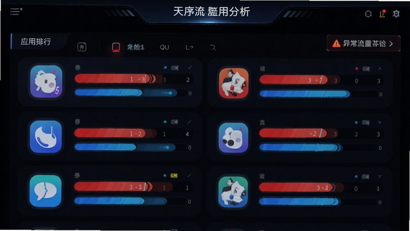 天序流量舱应用行为分析界面,显示多个应用图标列表,每个图标旁有红色和蓝色的流量条,背景为深色模式,突出显示高流量应用,科技感界面,细节丰富,文字包含