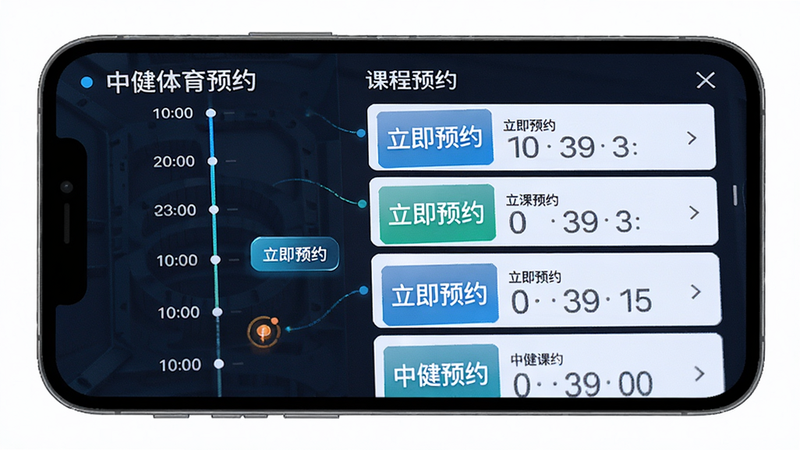 主体为手机屏幕显示课程预约界面,布局左侧为时间轴,右侧为课程列表,排版紧凑清晰,风格科技感强,细节包含高亮的'立即预约'按钮和倒计时提示,画质清晰,干净无多余元素,文字显示'中健体育预约'