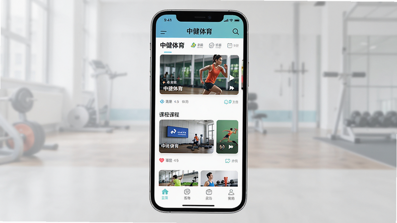 主体为手机界面展示中健体育APP首页,布局清晰分为顶部导航、中部课程卡片和底部功能栏,排版整齐有序,风格简约现代,细节包含清晰的图标和文字标签,画质高清,干净无多余元素,文字显示'中健体育'