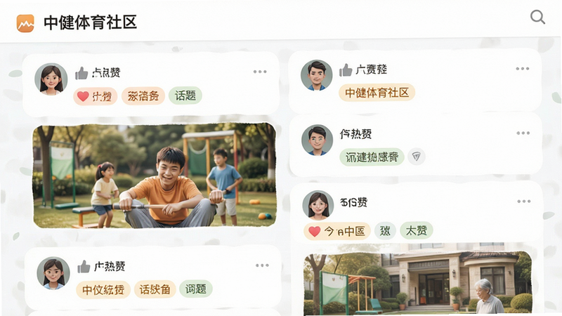 主体为社区帖子列表界面,布局为瀑布流形式,排版自然流畅,风格温馨友好,细节包含用户头像、点赞数和话题标签,画质明亮,干净无多余元素,文字显示'中健体育社区'
