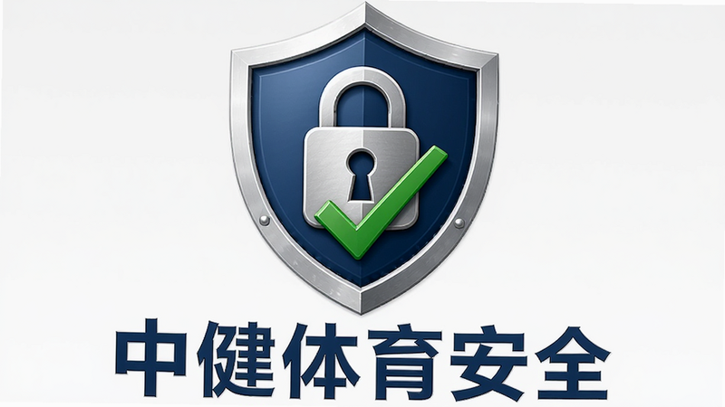 主体为盾牌图标代表安全,布局中心对称,排版简洁大方,风格庄重可靠,细节包含锁形图案和绿色对勾,画质清晰,干净无多余元素,文字显示'中健体育安全'
