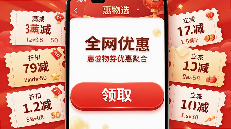 ����Ϊ����ѡ���Ż�ȯ�ۺϽ��棬��������Ϊһ���޴�ĺ�ɫ����ȡ����ť����Χ�����Ų�ͬ�����Ż�ȯͼ�꣬�Ű�����Ҹ��в�θУ����ϲ�����ң�ϸ�ڰ����������������ۿۡ����������������������ʾ������ɾ�������������ʾΪ��ȫ���Żݡ�