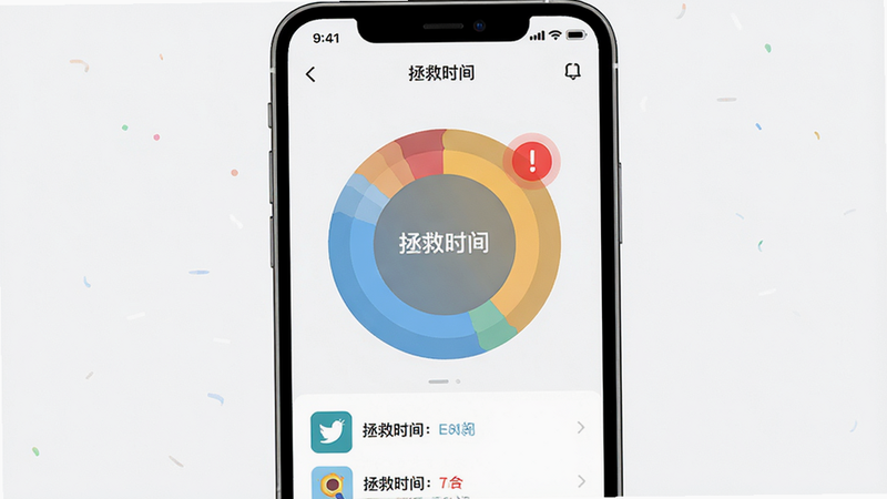 主体为手机屏幕显示拯救时间APP界面,布局清晰分为顶部状态栏、中部环形时间分布图、底部应用列表,排版简约现代,风格扁平化设计,细节处包含红色高亮的时间警示图标,画质高清,干净无多余元素,文字引用“拯救时间”