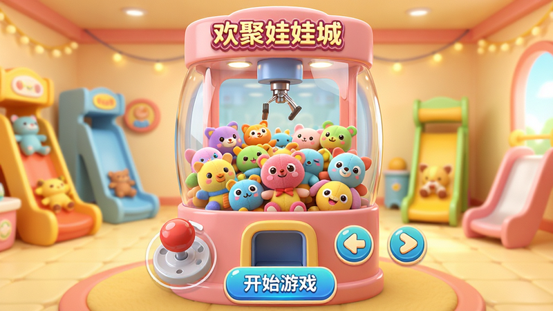 展示一款名为“欢聚娃娃城”的手机抓娃娃应用主界面,背景为明亮温馨的室内游乐场风格,中央是一台透明玻璃罩的卡通娃娃机,内部堆满色彩鲜艳的毛绒玩具,前景有一根精致的虚拟摇杆和两个控制按钮,整体画风为3D卡通渲染,色彩饱和度高,光线柔和,底部有清晰的“开始游戏”文字按钮,画面干净无多余元素,4K高清画质,构图居中,视觉焦点集中在娃娃机内部