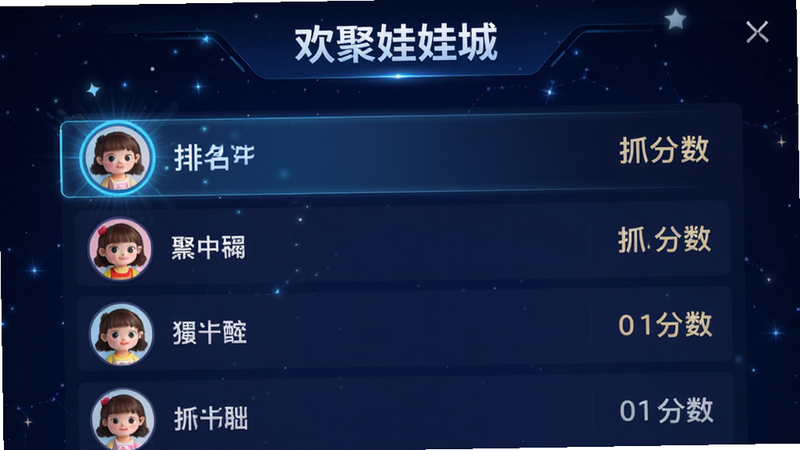 展示“欢聚娃娃城”应用的好友排行榜界面,列表中包含多个用户头像、昵称和抓取分数,背景为深蓝色星空图案,带有轻微的粒子特效,界面设计现代简洁,高亮显示当前用户的排名位置,文字清晰醒目,整体氛围充满科技感与竞技感,无水印,高清画质