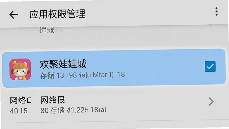 展示手机设置界面中“应用权限管理”的截图,高亮显示“欢聚娃娃城”应用条目,勾选状态清晰可见,背景为简洁的安卓系统设置风格,界面元素标准规范,无多余弹窗,清晰展示如何授权存储和网络权限,风格为UI界面截图,高清清晰