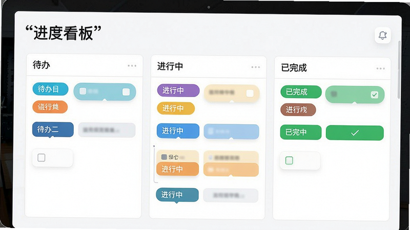 主体为“全民项目”可视化看板界面,布局为典型的看板布局,包含“待办”、“进行中”、“已完成”三列,排版整齐,风格极简主义,细节显示彩色标签块,画质高清,干净,无多余元素,文字“进度看板”加引号