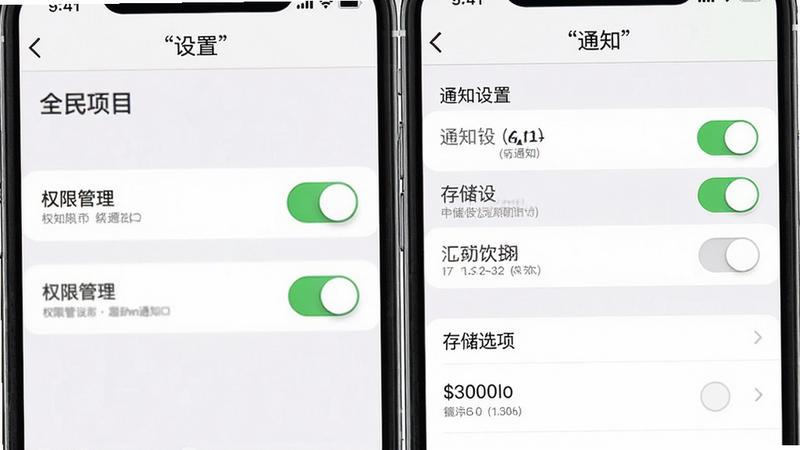 主体为“全民项目”手机端设置界面,布局展示权限管理、通知设置、存储选项列表,排版清晰,风格简洁,细节显示开关按钮状态,画质高清,干净,无多余元素,文字“设置”加引号