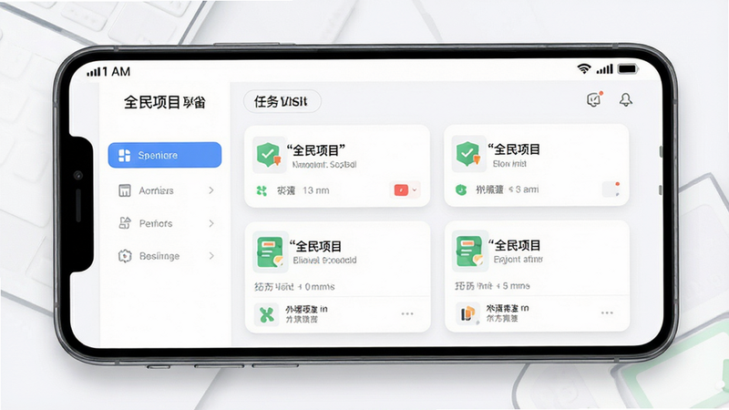 主体为“全民项目”手机应用界面全景图,布局采用扁平化设计,中央显示任务列表卡片,左侧导航栏清晰,顶部有状态栏,风格现代简约,细节呈现柔和阴影与圆角元素,画质高清,干净,无多余元素,文字“全民项目”加引号