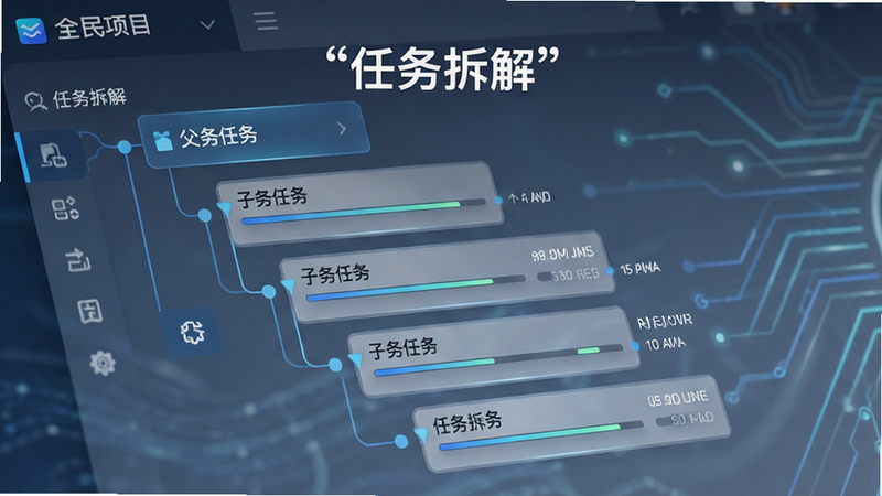 主体为“全民项目”软件任务拆解功能特写,布局展示一个父任务展开为多个子任务的树状结构图,排版清晰有序,风格科技感,细节显示进度条与时间轴,画质高清,干净,无多余元素,文字“任务拆解”加引号