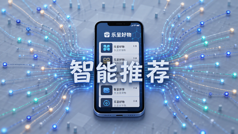 主体为抽象的数据流线条汇聚成手机形状,屏幕内显示“乐呈好物”推荐列表,布局呈辐射状,排版紧凑有序,风格科技感与商务风结合,细节处有发光节点代表数据交互,画质清晰,干净,无多余元素,文字“智能推荐”醒目