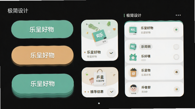 主体为扁平化设计的UI组件集合,展示“乐呈好物”的按钮、卡片和列表样式,布局模块化,排版对齐严格,风格清新明亮,细节处有圆角处理,画质高保真,干净,无多余元素,文字“极简设计”标注