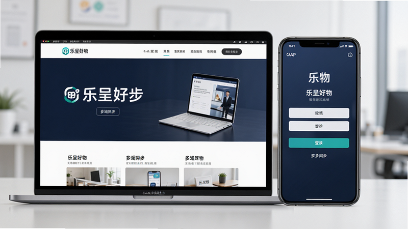 主体为笔记本电脑屏幕与手机屏幕并排展示,电脑显示“乐呈好物”官网首页,手机显示APP登录界面,布局对比明显,排版专业,风格商务,细节处有品牌Logo一致,画质高清,干净,无多余元素,文字“多端同步”