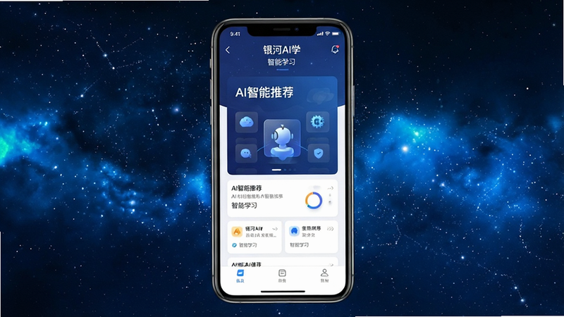一张展示“银河AI学”APP界面的全景图,主体为手机屏幕,背景为深蓝色星空渐变,界面中央显示“AI智能推荐”模块,布局清晰,排版整洁,风格现代科技感,细节丰富,画质高清,干净无多余元素,图中文字包含“银河AI学”、“智能学习”
