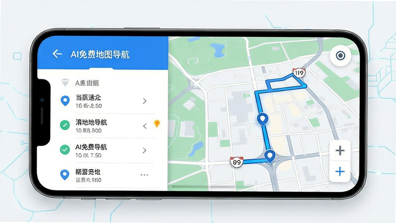 展示手机屏幕界面,主体为地图应用,布局清晰,左侧为路线列表,右侧为地图视图,排版简洁现代,风格科技感强,细节显示蓝色路线高亮,画质高清,干净,无多余元素,文字标注