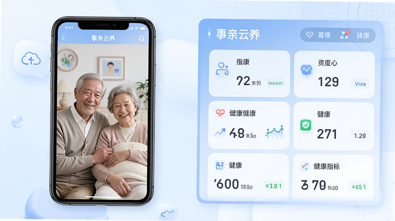 主体为“事亲云养”APP界面展示,布局采用左右分栏,左侧为手机模型显示实时视频画面,右侧为数据仪表盘展示健康指标,排版清晰有序,风格为现代简约科技风,细节包含柔和的蓝色主色调与清晰的图标,画质高清,干净,无多余元素,文字“事亲云养”清晰可见