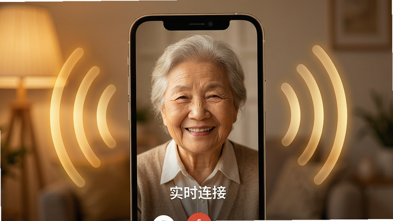 主体为视频通话场景,布局中心为手机屏幕内的老人笑脸,周围环绕着信号波纹特效,排版对称平衡,风格温馨且具科技感,细节表现为温暖的光影效果,画质高清,干净,无多余元素,文字“实时连接”