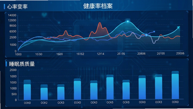 主体为健康数据图表,布局上方为折线图展示心率变化,下方为柱状图展示睡眠质量,排版紧凑专业,风格为医疗科技蓝,细节包含数据刻度与平滑曲线,画质高清,干净,无多余元素,文字“健康档案”