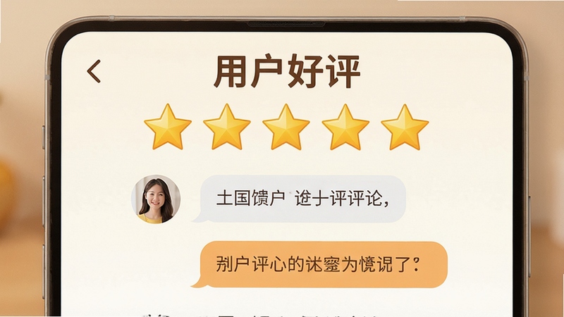 主体为五星好评评价界面,布局居中展示评分星星,排版突出正面反馈,风格为清新暖色调,细节包含用户头像与简短评论气泡,画质高清,干净,无多余元素,文字“用户好评”
