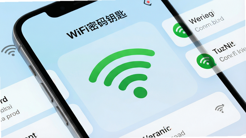 һ�Ÿ���������ֻ���Ļ��д����ʾ����Ϊ��WiFi����Կ�ס���Ӧ�ý��棬����������һ���޴����ɫWiFi�ź�ͼ�꣬��Χ�����ż��������ӵ������б�����������͵�ǳ��ɫ���䣬����Լ�ִ���UI���������������Ԫ�أ�����8K��ϸ�ڷḻ���ɾ��޶���װ��