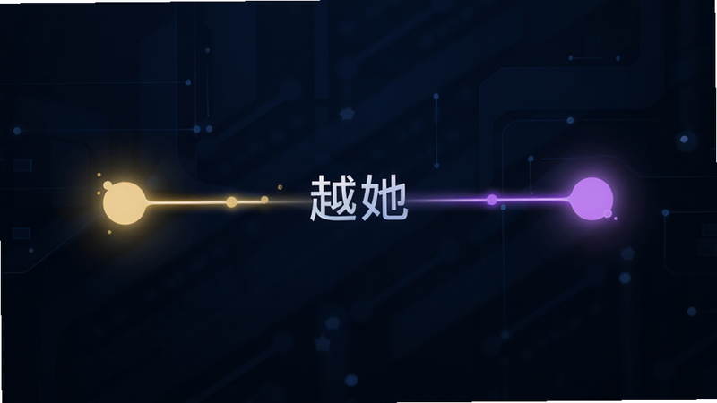 抽象的概念图,展示两个不同颜色的光点通过一条发光的线条连接,背景为深蓝色科技风,线条中间有