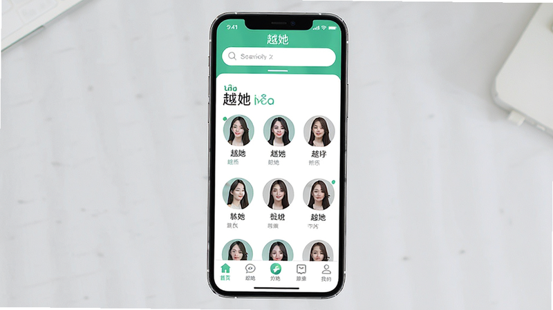 一张展示手机屏幕界面的高清图片,主体为越她App的主界面,布局清晰,顶部显示搜索栏,中部展示用户头像列表,底部为导航栏,风格现代简约,色调清新,细节处显示越南语与中文双语元素,画质高清,干净无多余元素,文字内容包含